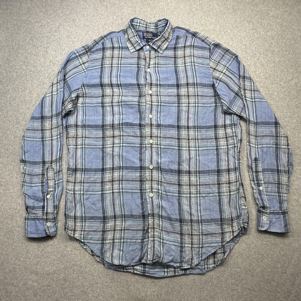 Polo Ralph Lauren Linen Shirt Mens Large Blue Plaid Long Sleeve Button Down